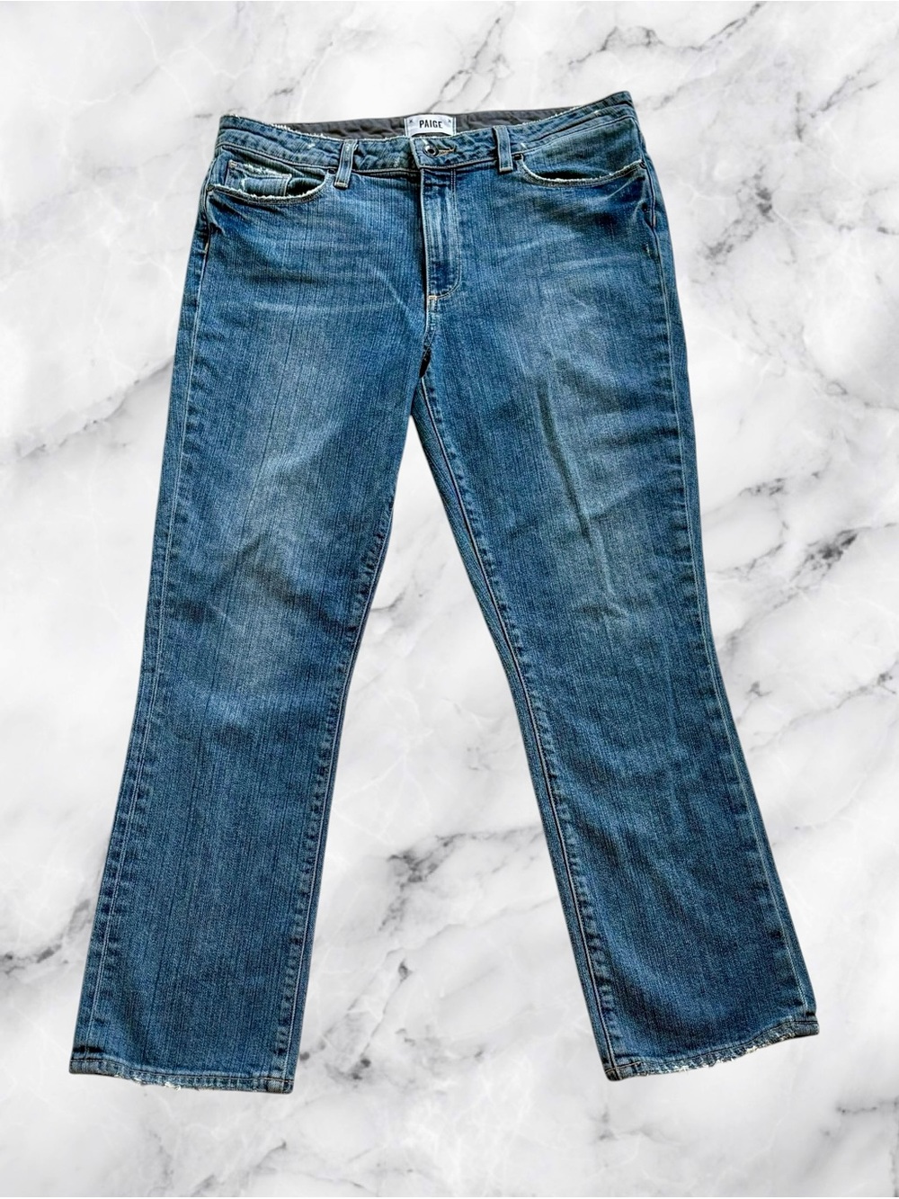 PAIGE Jacqueline Straight Jeans Size 31 Medium Wash Distressed Frayed Hem Denim
